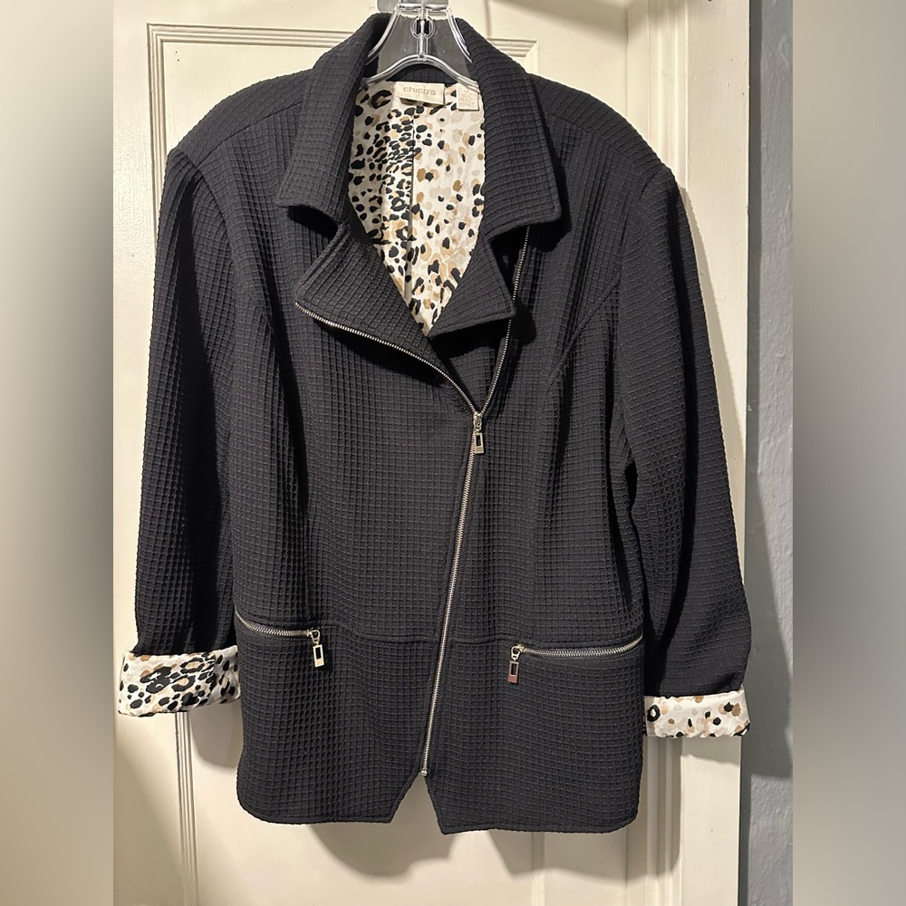 Chico's Black Textured Zip-Front Blazer with Leopard Lining
